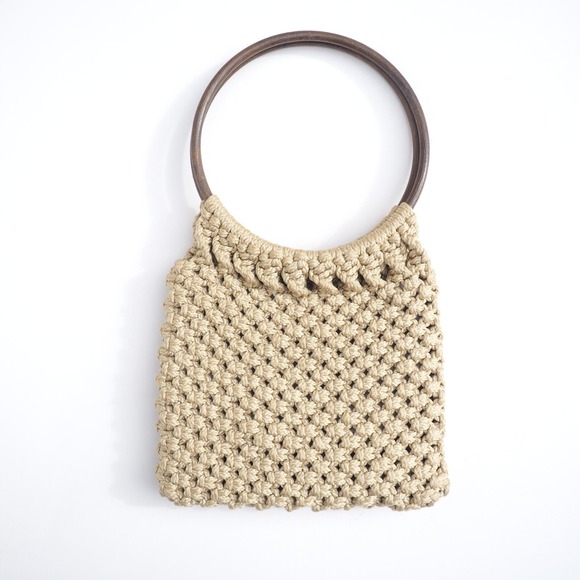 70s Vintage Crochet Knit Hand Bag Wooden Top Handles Tan Boho Macrame Purse‎ - Picture 2 of 8